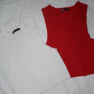ZARA WHITE & RED RIBBED TANK TOP SET